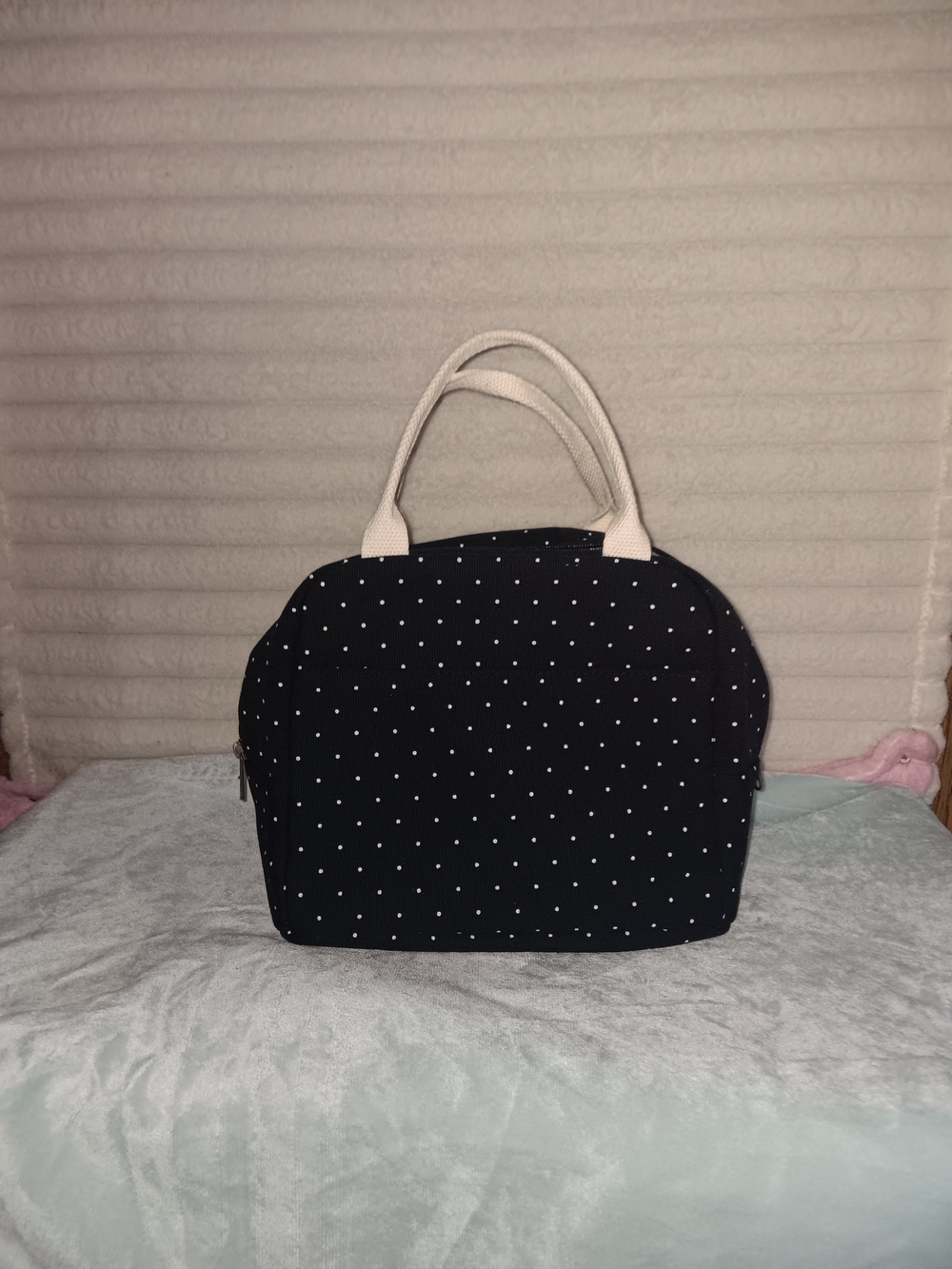 Black Polka Dot Dome Tote with Cream Handles